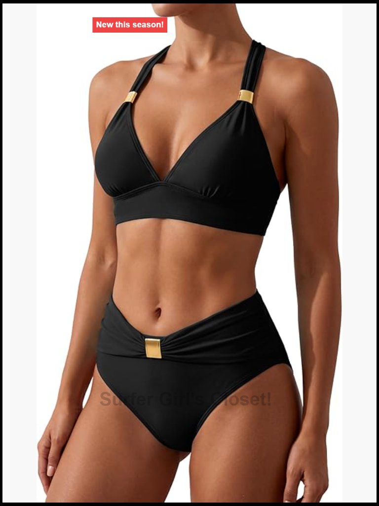 High Waist Triangle Bikini Set Ruched Swimsuit Gold Hardware Crisscross Back
